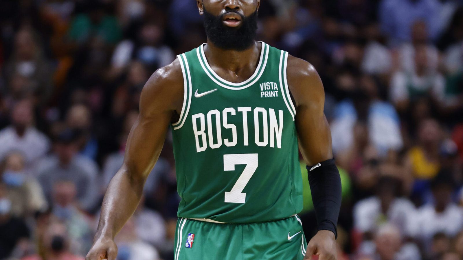 Jaylen Brown #7 of the Boston Celtics reacts against the Miami Heat at FTX Arena on November 04, 2021 in Miami, Florida.