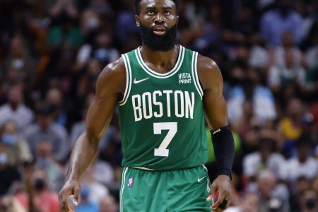 Jaylen Brown #7 of the Boston Celtics reacts against the Miami Heat at FTX Arena on November 04, 2021 in Miami, Florida.