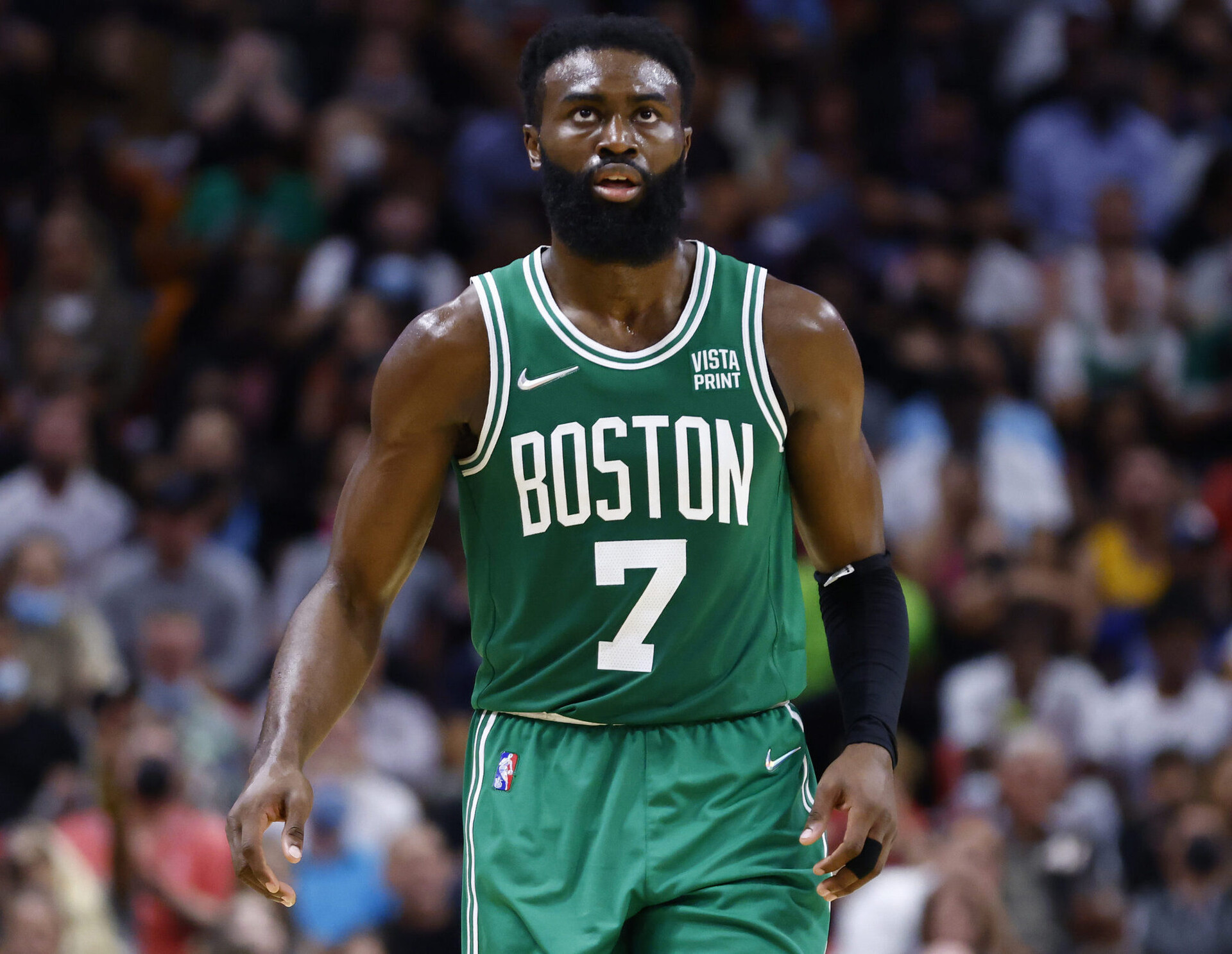 Jaylen Brown #7 of the Boston Celtics reacts against the Miami Heat at FTX Arena on November 04, 2021 in Miami, Florida.