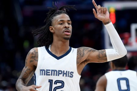 Ja Morant #12 of the Memphis Grizzlies plays against the Washington Wizards at Capital One Arena on November 05, 2021 in Washington, DC