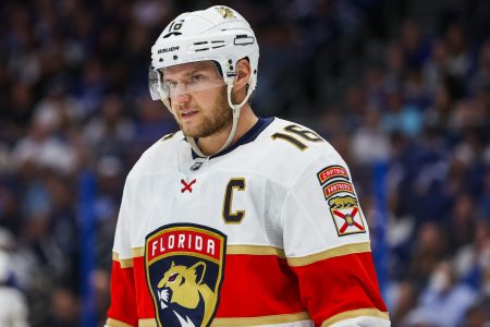 Aleksander Barkov #16 of the Florida Panthers against the Tampa Bay Lightning during the third period at Amalie Arena on November 13, 2021 in Tampa, Florida.
