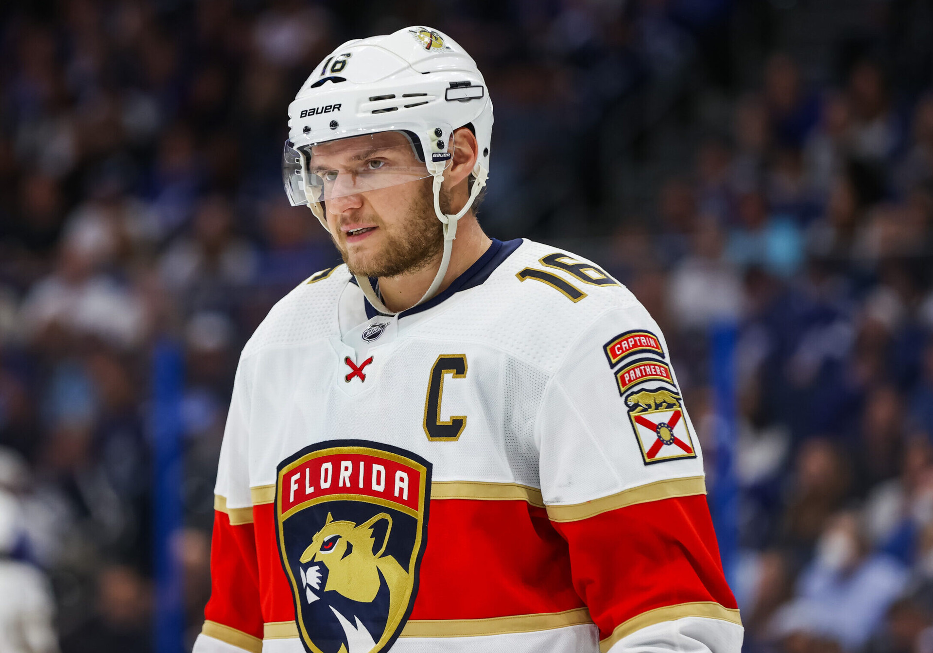 Aleksander Barkov #16 of the Florida Panthers against the Tampa Bay Lightning during the third period at Amalie Arena on November 13, 2021 in Tampa, Florida.