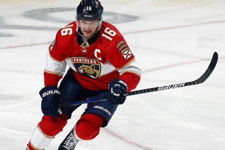 Aleksander Barkov #16 of the Florida Panthers skates for position against the New York Islanders at the FLA Live Arena on November 16, 2021 in Sunrise, Florida.