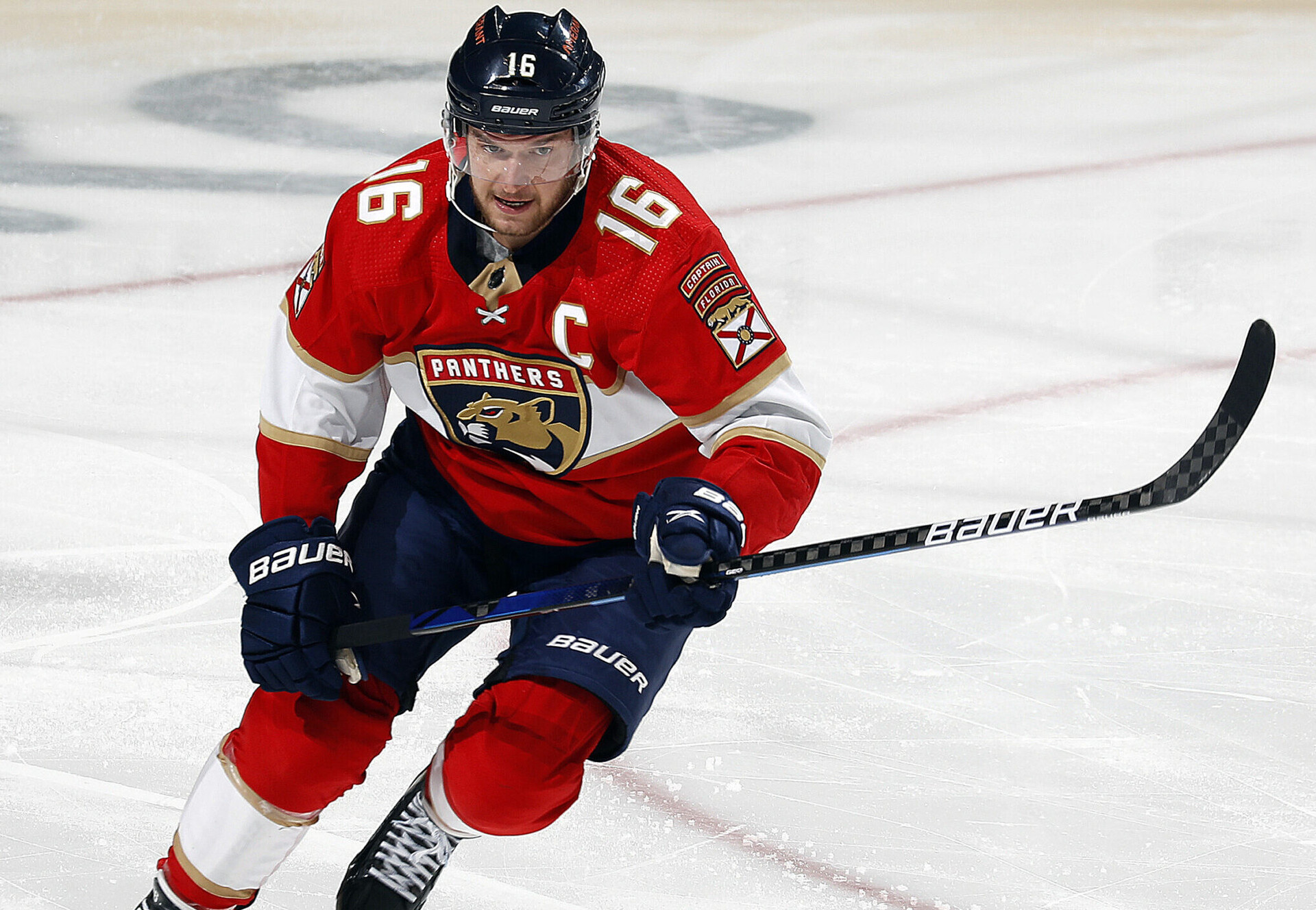 Aleksander Barkov #16 of the Florida Panthers skates for position against the New York Islanders at the FLA Live Arena on November 16, 2021 in Sunrise, Florida.