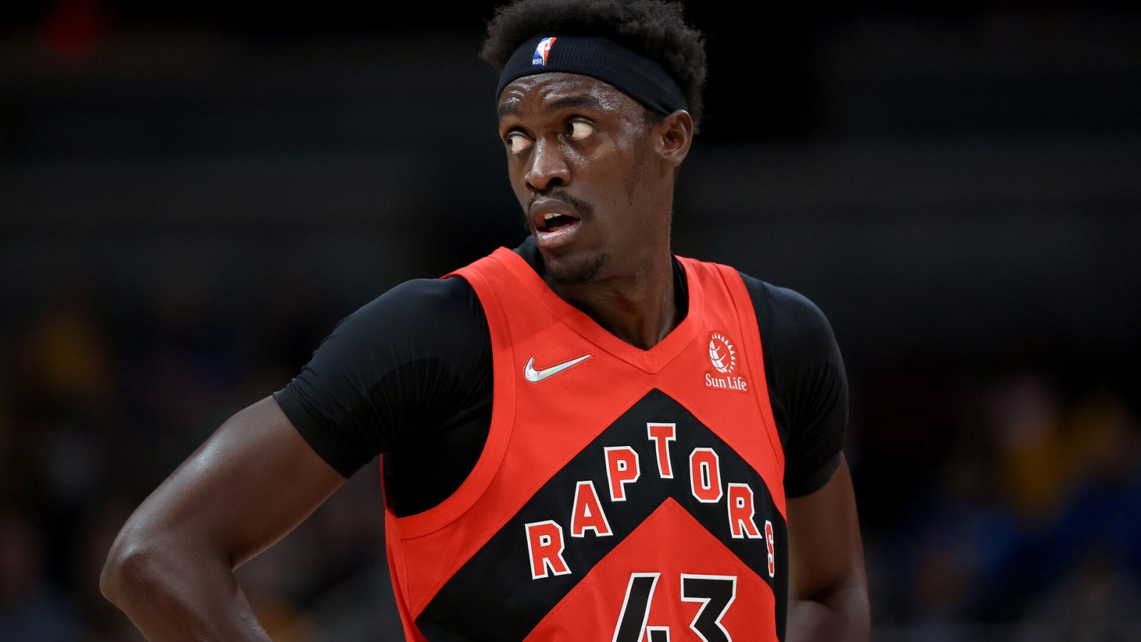 Pascal Siakam #43 of the Toronto Raptors looks on in the first quarter against the Indiana Pacers at Gainbridge Fieldhouse on November 26, 2021 in Indianapolis, Indiana.