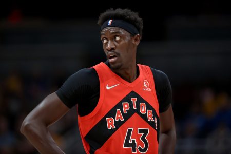 Pascal Siakam #43 of the Toronto Raptors looks on in the first quarter against the Indiana Pacers at Gainbridge Fieldhouse on November 26, 2021 in Indianapolis, Indiana.