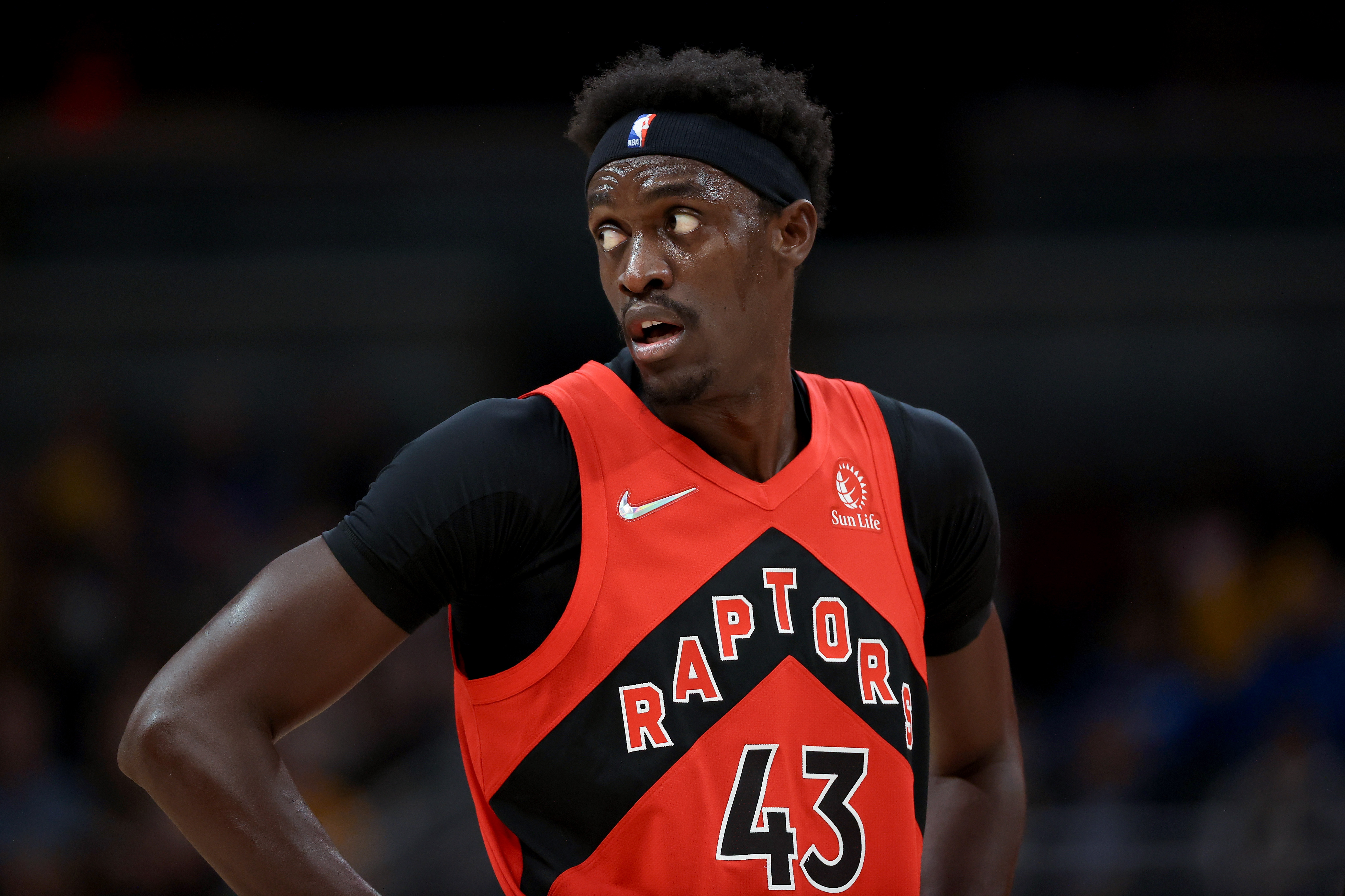 Pascal Siakam #43 of the Toronto Raptors looks on in the first quarter against the Indiana Pacers at Gainbridge Fieldhouse on November 26, 2021 in Indianapolis, Indiana.