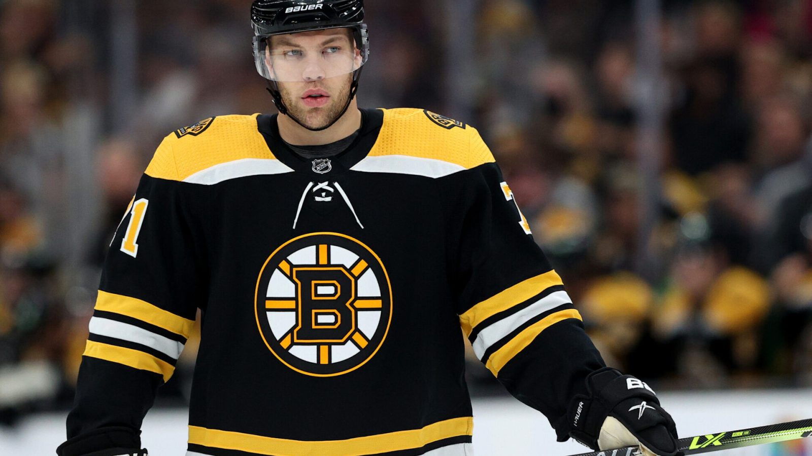 Taylor Hall #71 of the Boston Bruins looks on during the second period against the Edmonton Oilers at TD Garden on November 11, 2021 in Boston, Massachusetts.