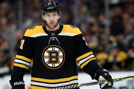 Taylor Hall #71 of the Boston Bruins looks on during the second period against the Edmonton Oilers at TD Garden on November 11, 2021 in Boston, Massachusetts.