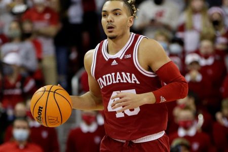 Parker Stewart #45 of the Indiana Hoosiers dribbles the basketball up court during the first half of the game against the Wisconsin Badgers at Kohl Center on December 08, 2021 in Madison, Wisconsin.