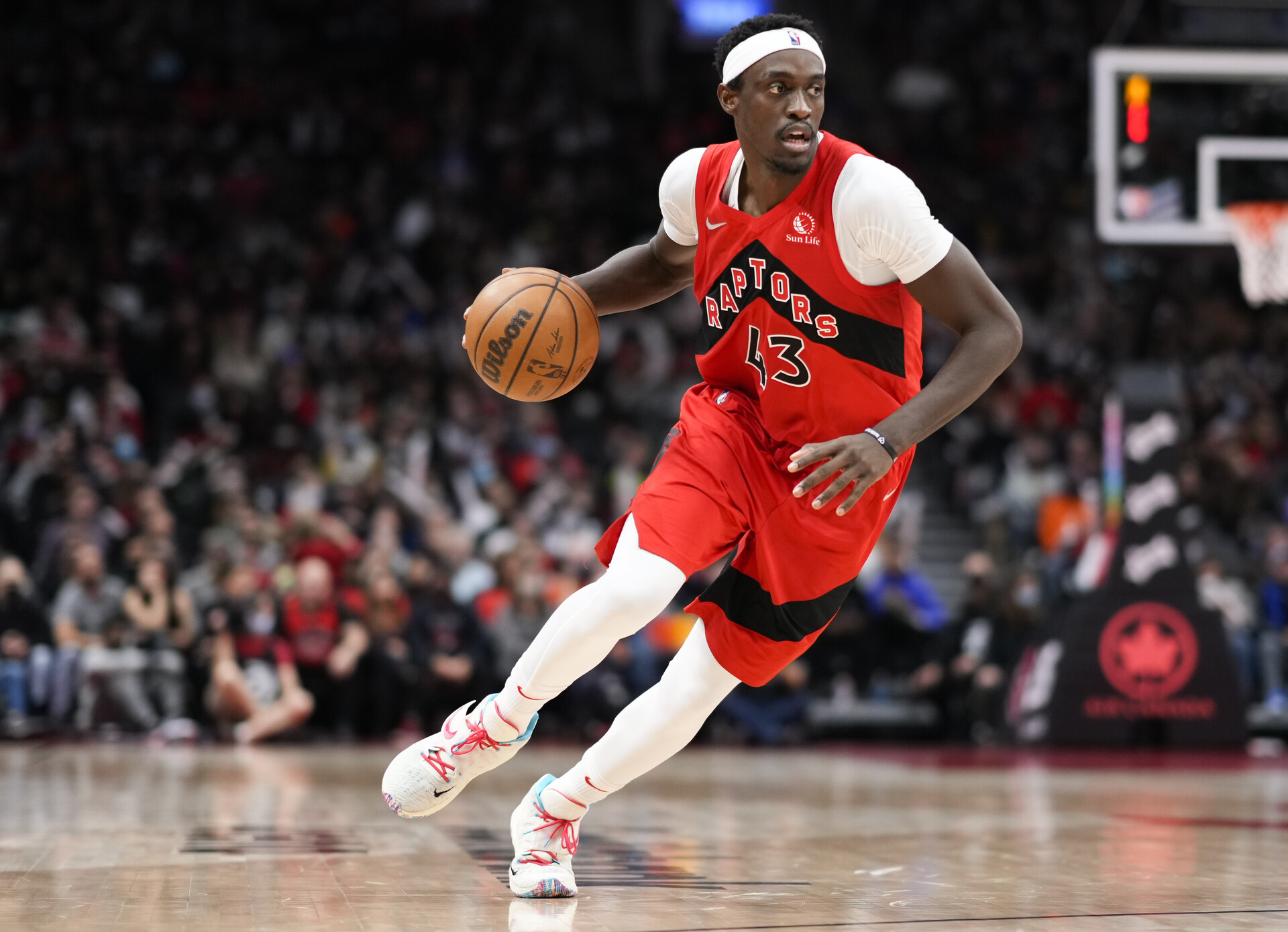 Pascal Siakam #43 of the Toronto Raptors drives against the Oklahoma City Thunder during the second half of their basketball game at the Scotiabank Arena on December 8, 2021 in Toronto, Ontario, Canada.