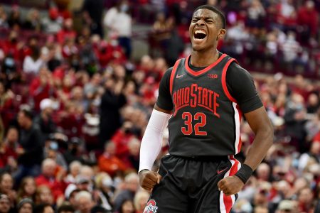 E.J. Liddell #32 of the Ohio State Buckeyes celebrates a basket during the first half of a game against the Wisconsin Badgers at Value City Arena on December 11, 2021 in Columbus, Ohio.