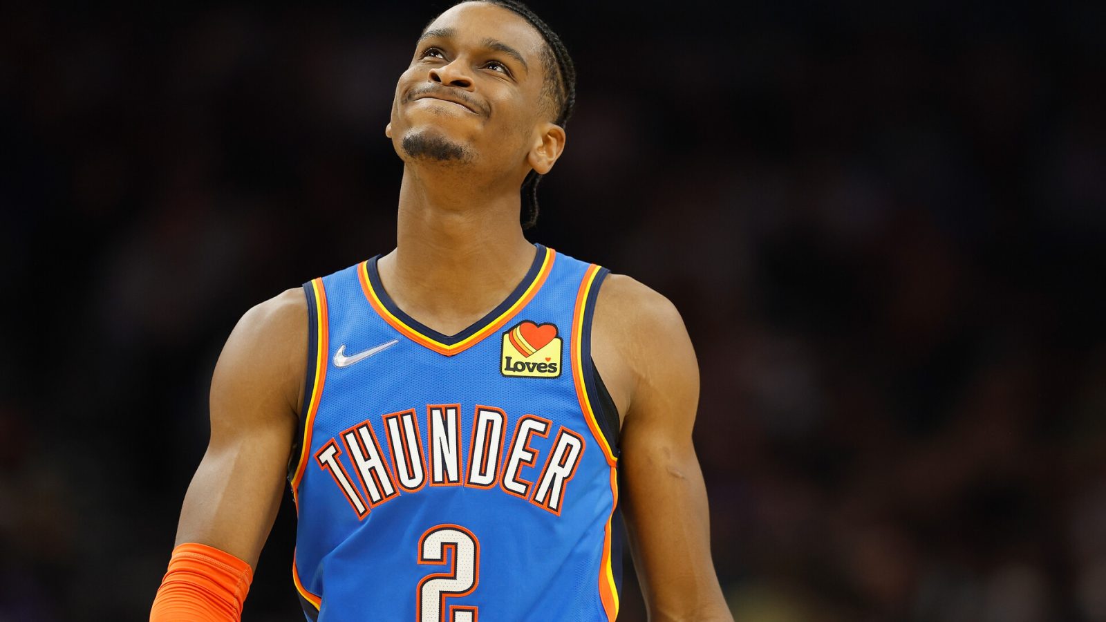 Shai Gilgeous-Alexander #2 of the Oklahoma City Thunder reacts during the second half of the NBA game at Footprint Center on December 23, 2021 in Phoenix, Arizona. The Suns defeated the Thunder 113-101.