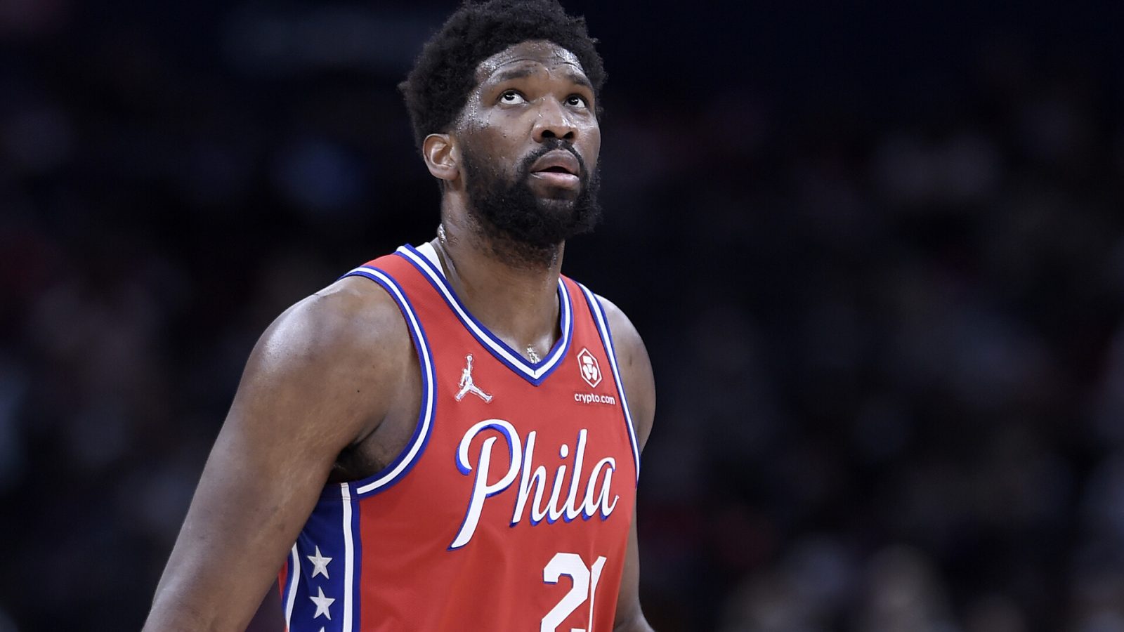 Joel Embiid #21 of the Philadelphia 76ers rests during a break in the game against the Washington Wizards at Capital One Arena on December 26, 2021 in Washington, DC.