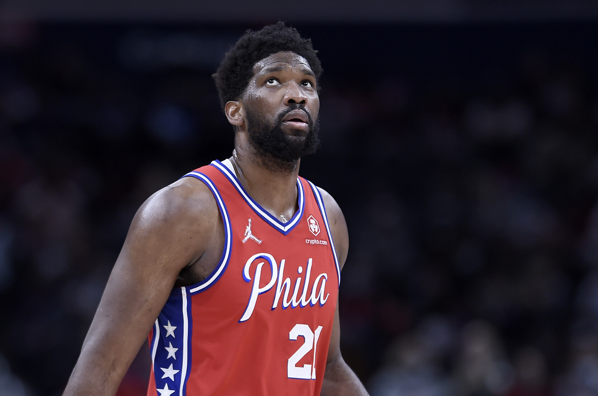 Joel Embiid #21 of the Philadelphia 76ers rests during a break in the game against the Washington Wizards at Capital One Arena on December 26, 2021 in Washington, DC.