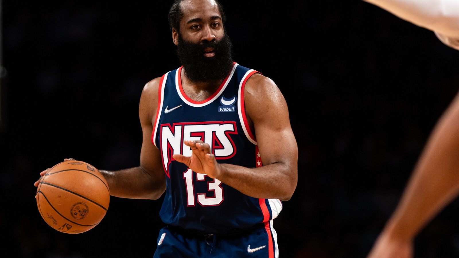 James Harden #13 of the Brooklyn Nets in action during the first half against the Philadelphia 76ers at Barclays Center on December 30, 2021 in New York City.