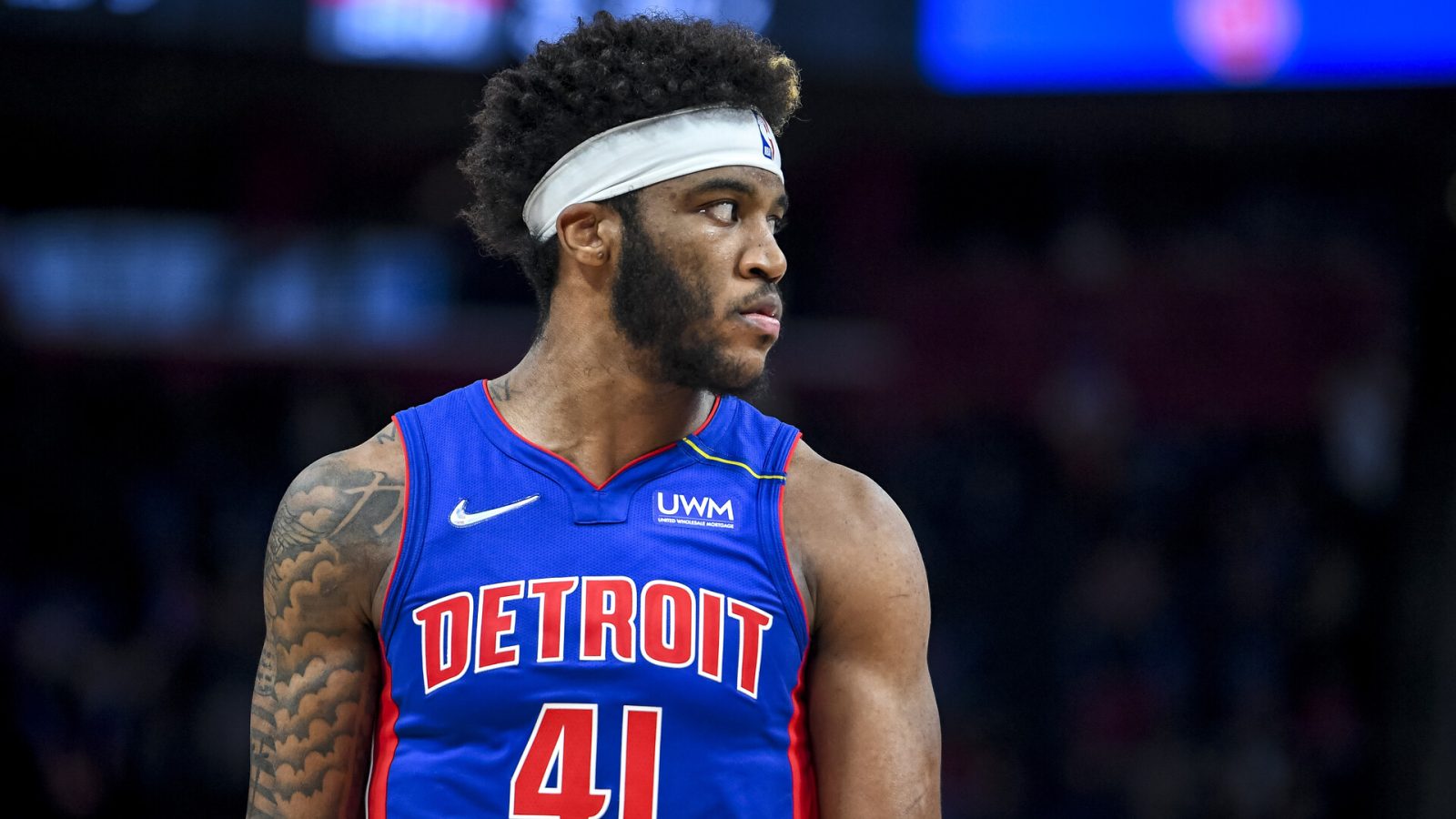 Saddiq Bey #41 of the Detroit Pistons looks on against the San Antonio Spurs at Little Caesars Arena on January 01, 2022 in Detroit, Michigan.