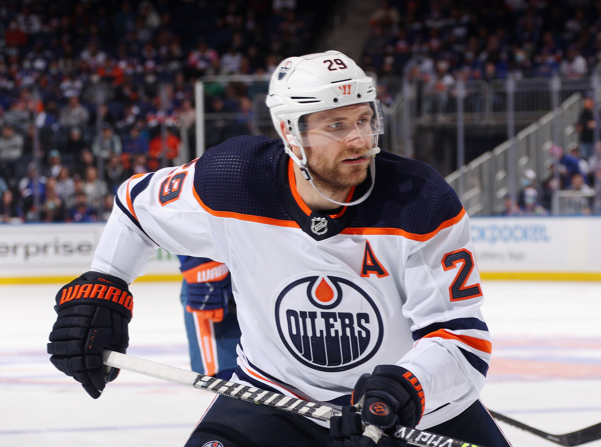 Leon Draisaitl #29 of the Edmonton Oilers skates against the New York Islanders at UBS Arena on January 01, 2022 in Elmont, New York.