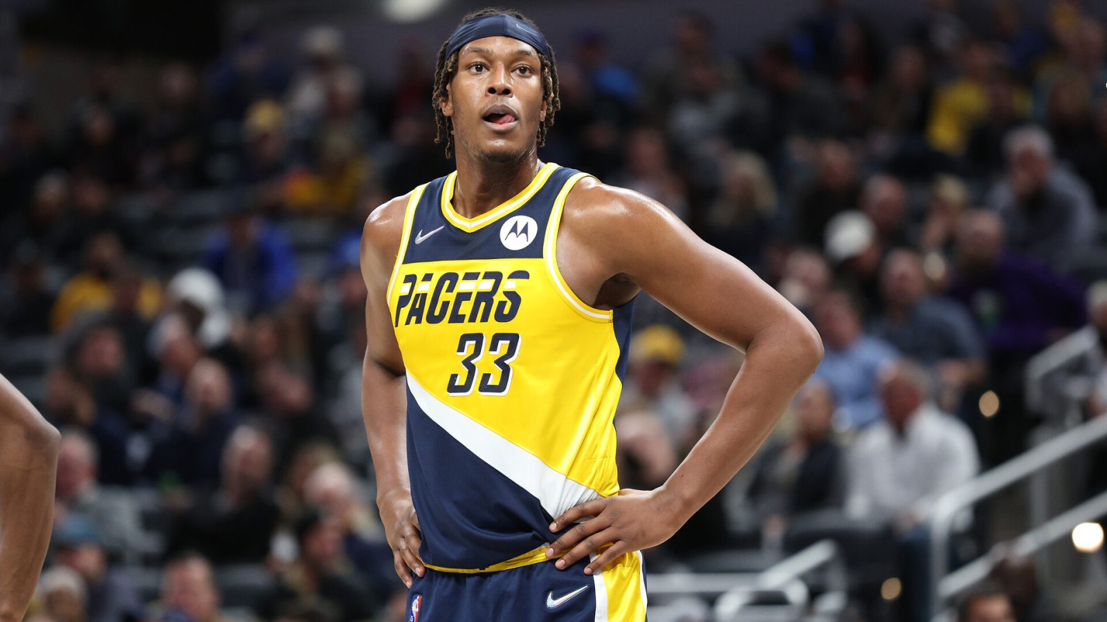 Myles Turner #33 of the Indiana Pacers against the New York Knicks at Gainbridge Fieldhouse on December 08, 2021 in Indianapolis, Indiana.