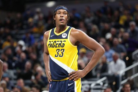 Myles Turner #33 of the Indiana Pacers against the New York Knicks at Gainbridge Fieldhouse on December 08, 2021 in Indianapolis, Indiana.