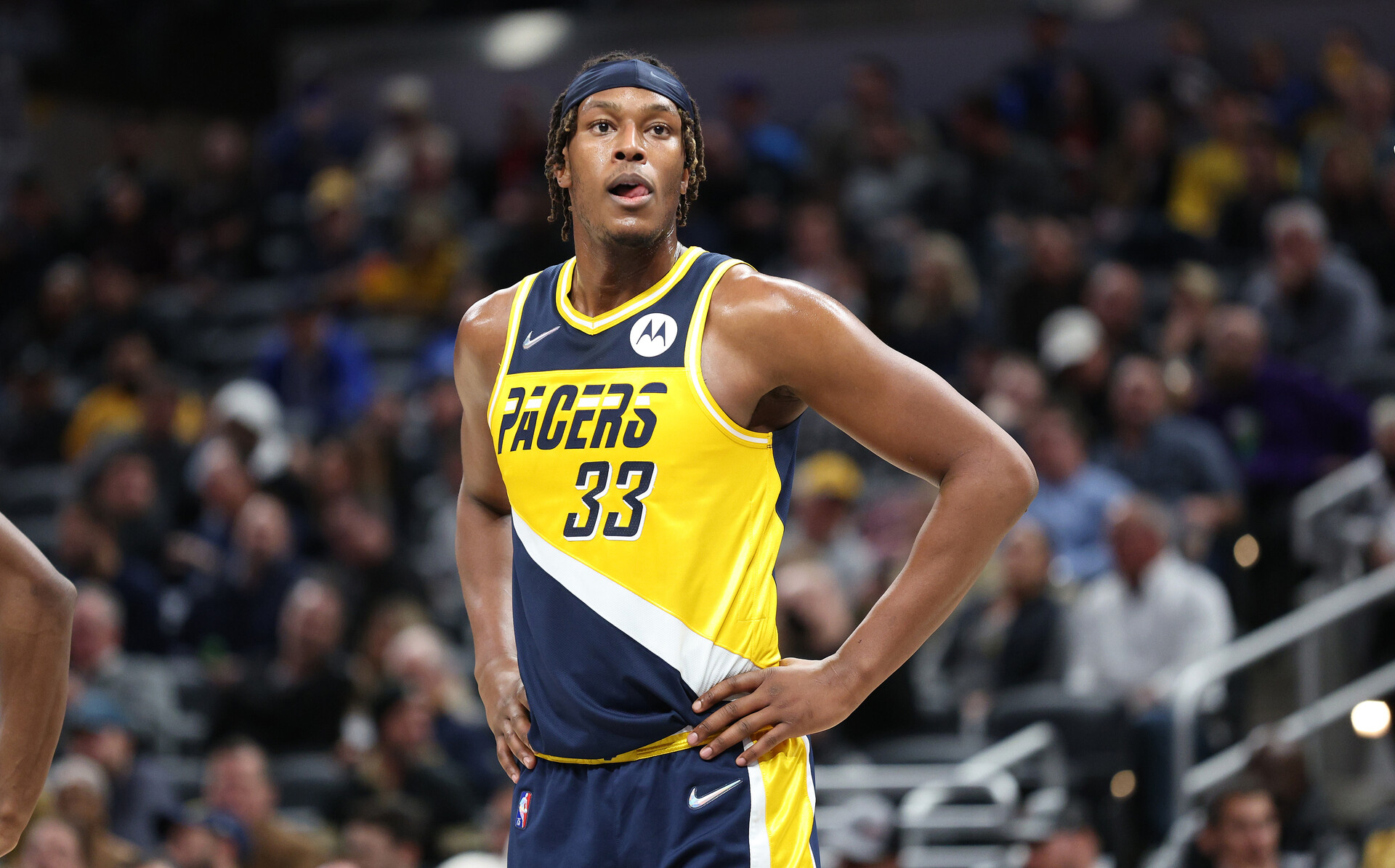 Myles Turner #33 of the Indiana Pacers against the New York Knicks at Gainbridge Fieldhouse on December 08, 2021 in Indianapolis, Indiana.