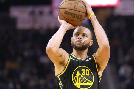 Stephen Curry #30 of the Golden State Warriors shoots a fouled shot against the Utah Jazz during the first half of an NBA basketball game at Chase Center on January 23, 2022 in San Francisco, California.