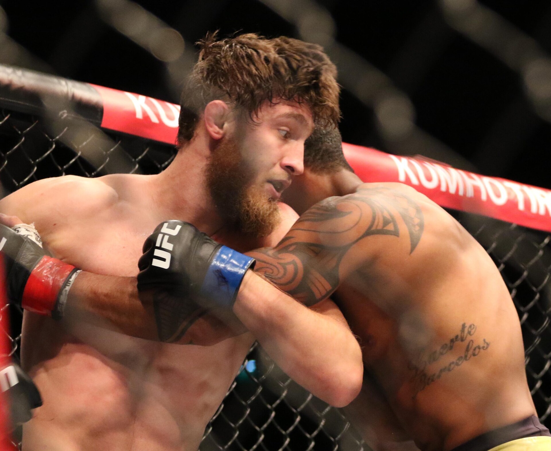 Dec 21, 2019; Busan, SOUTH KOREA; Raoni Barcelos (red gloves) fights Said Nurmagomedov (blue gloves) during UFC Fight Night at Sajik Arena.