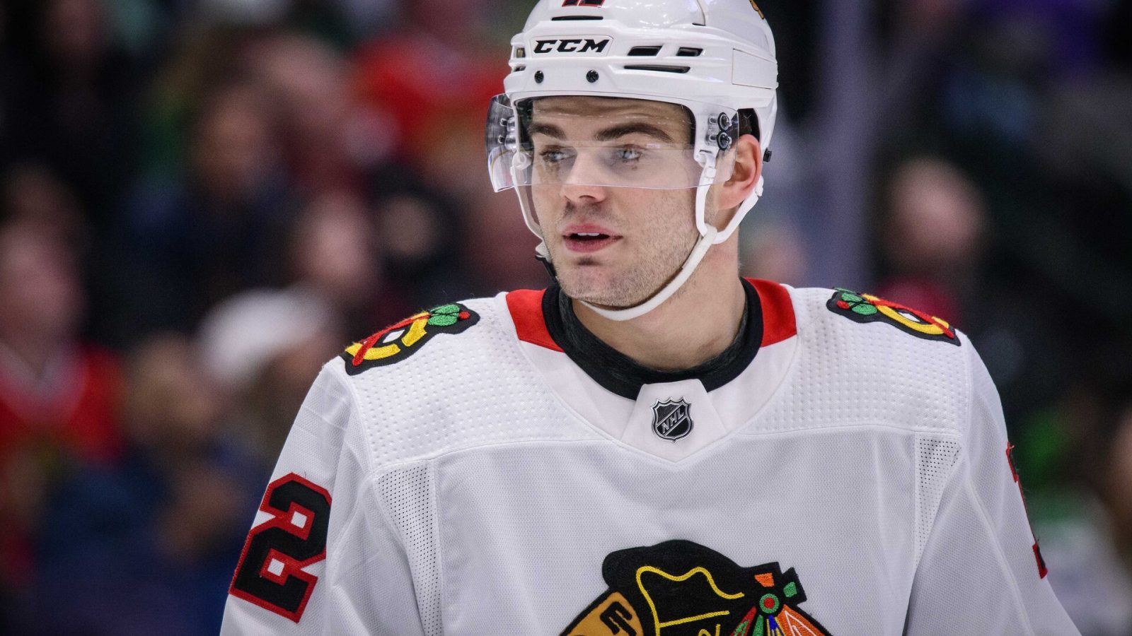 Chicago Blackhawks left wing Alex DeBrincat (12) in action during the game between the Stars and the Blackhawks at the American Airlines Center