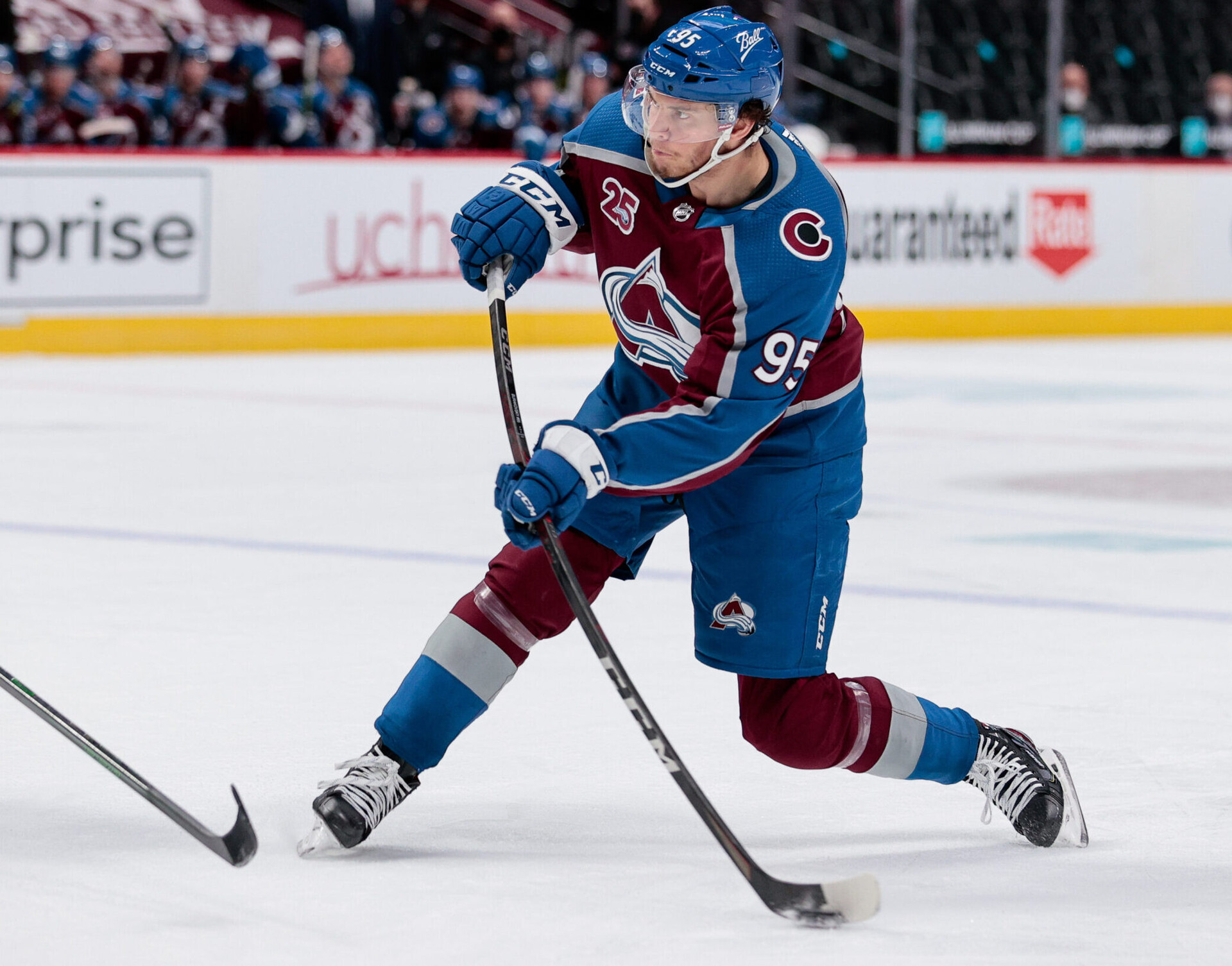 Colorado Avalanche left wing Andre Burakovsky takes a shot against the San Jose Sharks