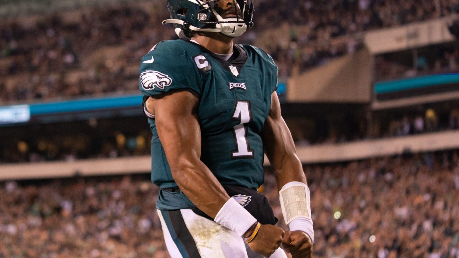 Philadelphia Eagles quarterback Jalen Hurts reacts after scoring on a touchdown run against the Tampa Bay Buccaneers