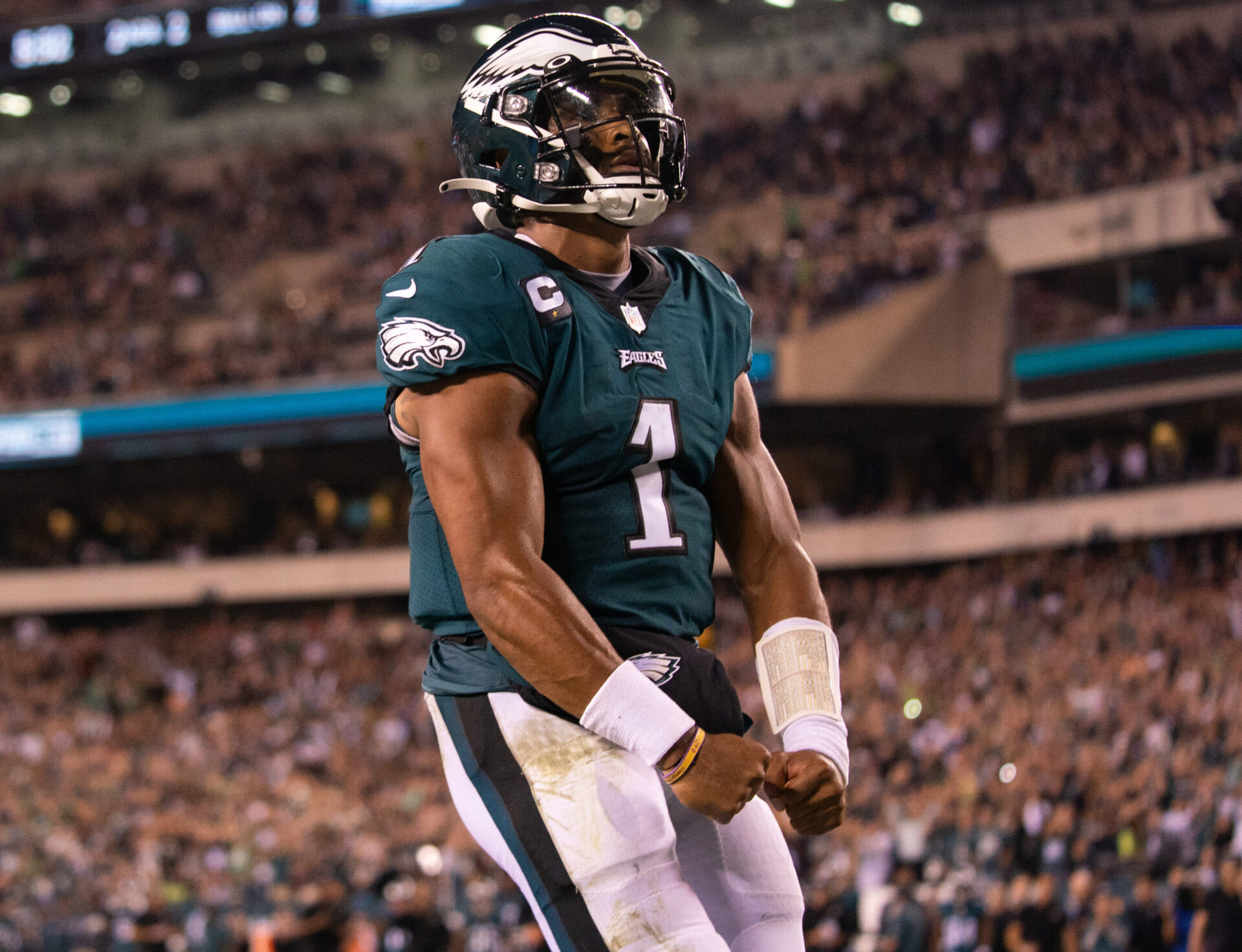 Philadelphia Eagles quarterback Jalen Hurts reacts after scoring on a touchdown run against the Tampa Bay Buccaneers