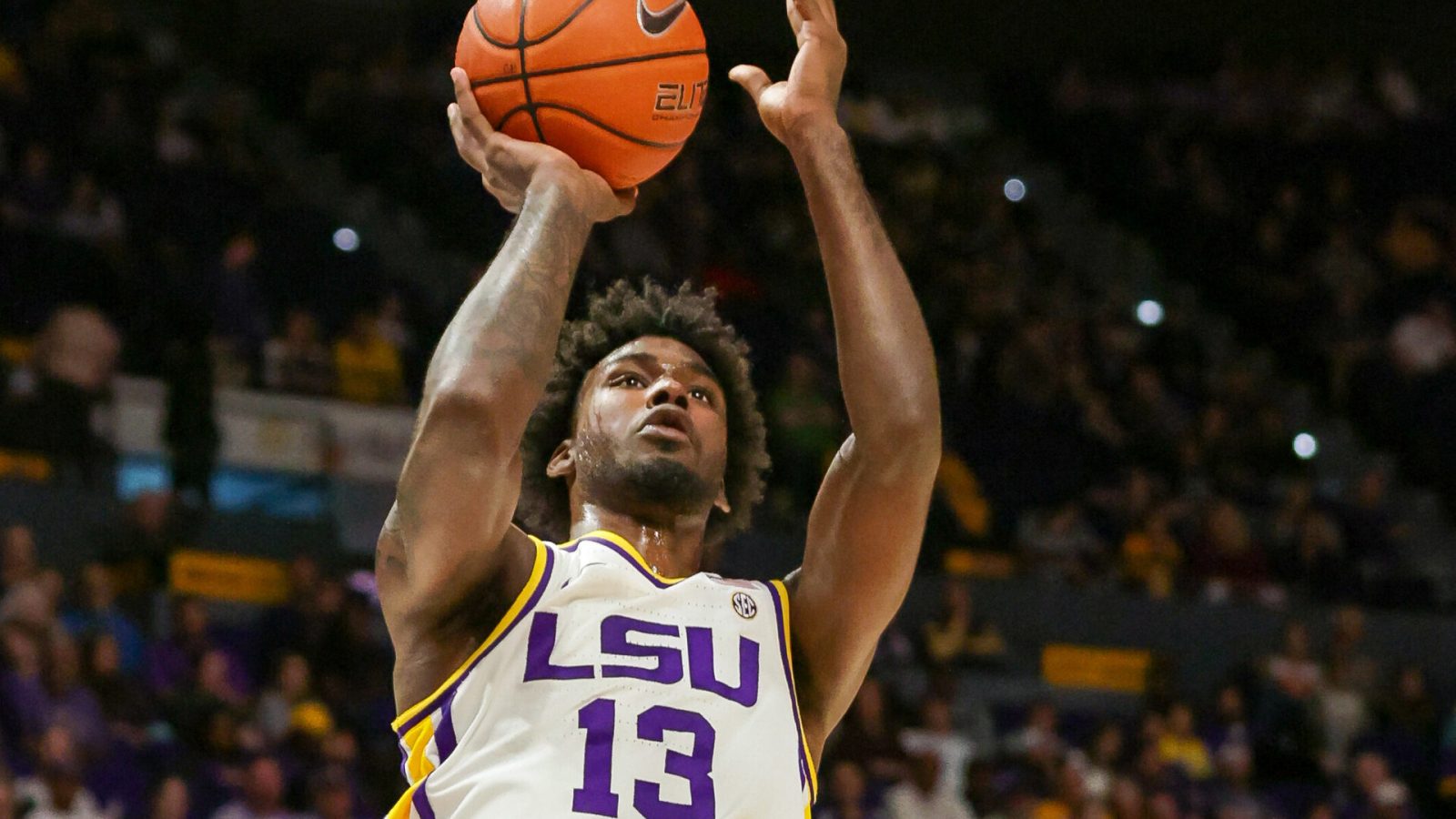 LSU Tigers forward Tari Eason shoots a jump shot against Texas State Bobcats