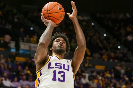 LSU Tigers forward Tari Eason shoots a jump shot against Texas State Bobcats