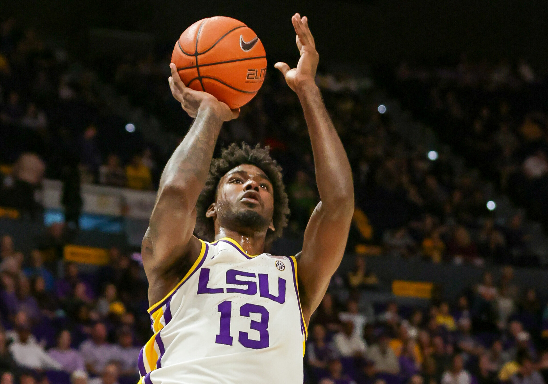 LSU Tigers forward Tari Eason shoots a jump shot against Texas State Bobcats