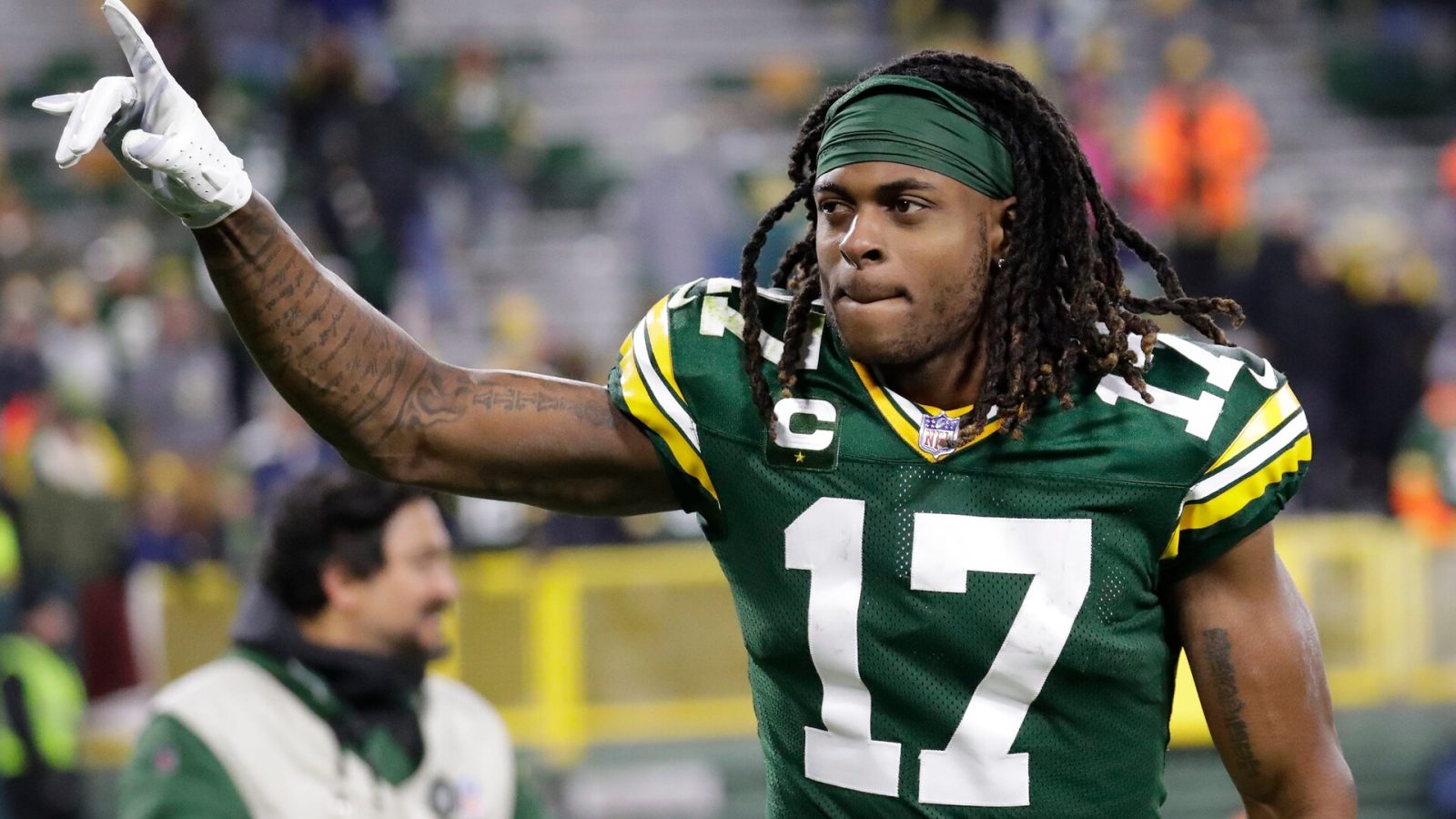 Green Bay Packers wide receiver Davante Adams celebrates a victory against the Los Angeles Rams as he exits the field