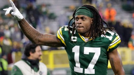 Green Bay Packers wide receiver Davante Adams celebrates a victory against the Los Angeles Rams as he exits the field