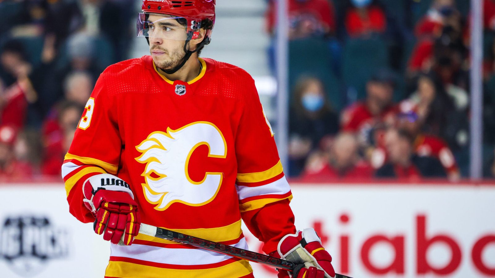 Calgary Flames left wing Johnny Gaudreau (13) against the Carolina Hurricanes during the first period at Scotiabank Saddledome.