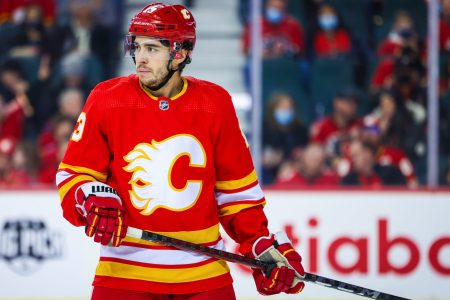 Calgary Flames left wing Johnny Gaudreau (13) against the Carolina Hurricanes during the first period at Scotiabank Saddledome.