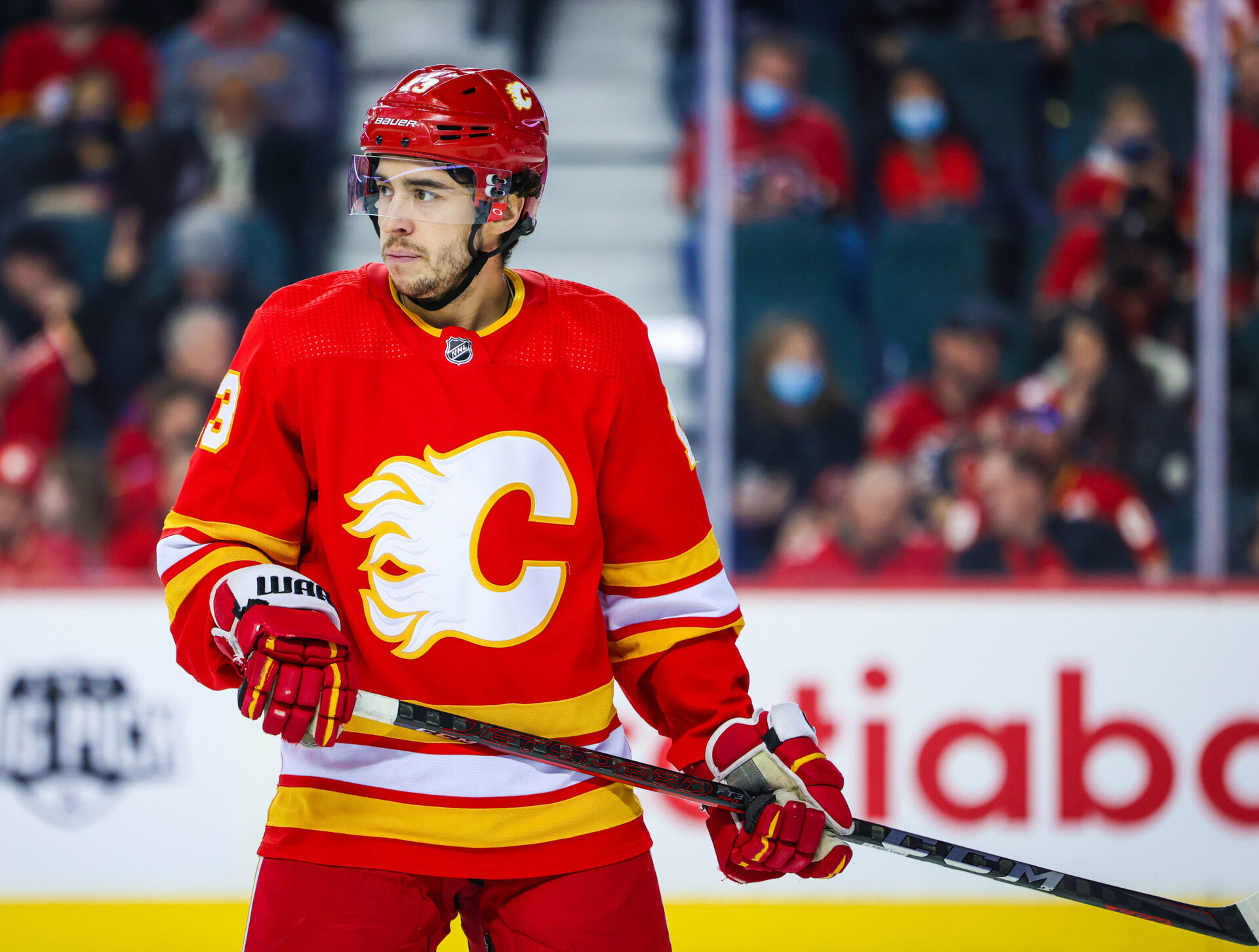 Calgary Flames left wing Johnny Gaudreau (13) against the Carolina Hurricanes during the first period at Scotiabank Saddledome.