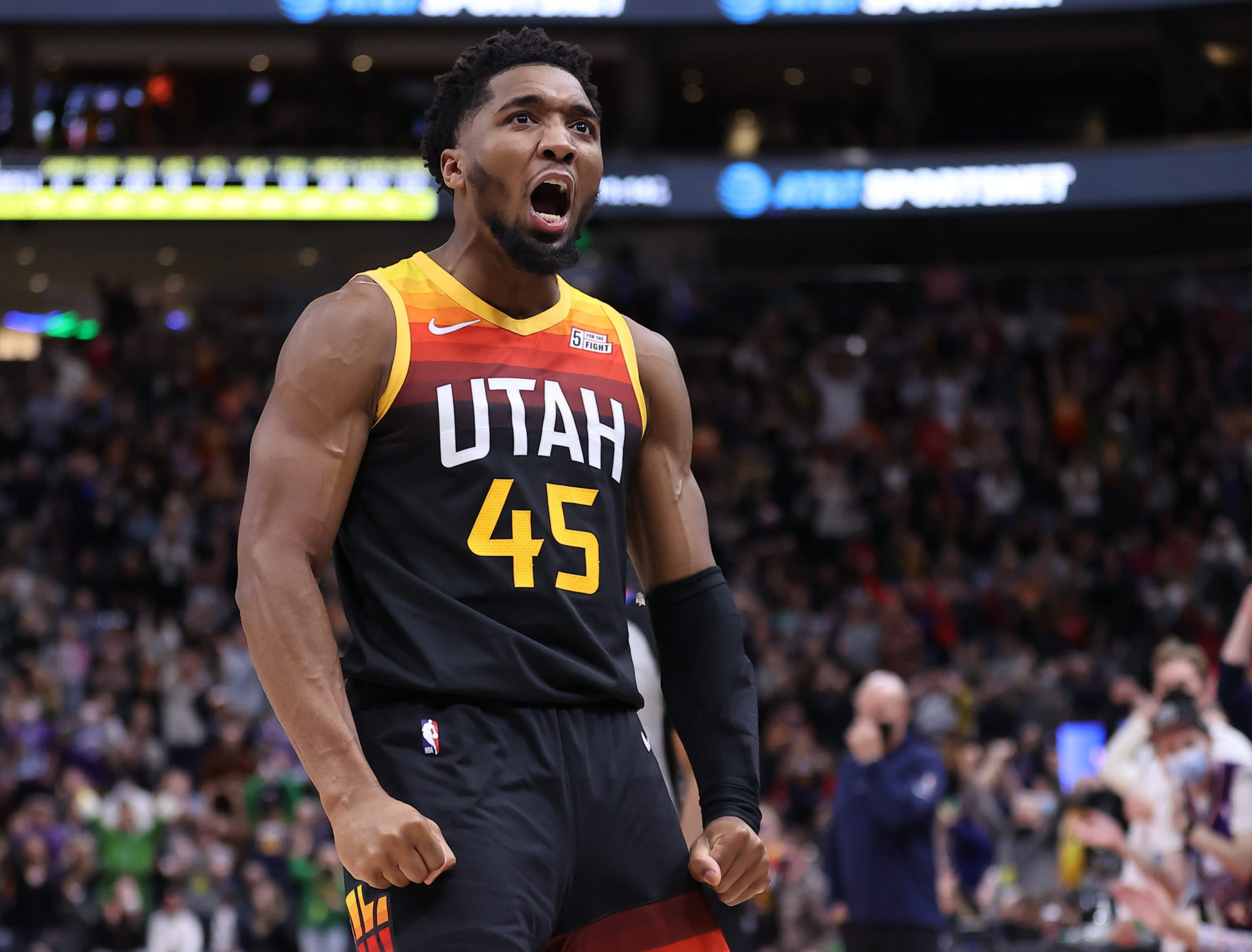 Utah Jazz guard Donovan Mitchell reacts to making a basket and being fouled in the fourth quarter against the Dallas Mavericks