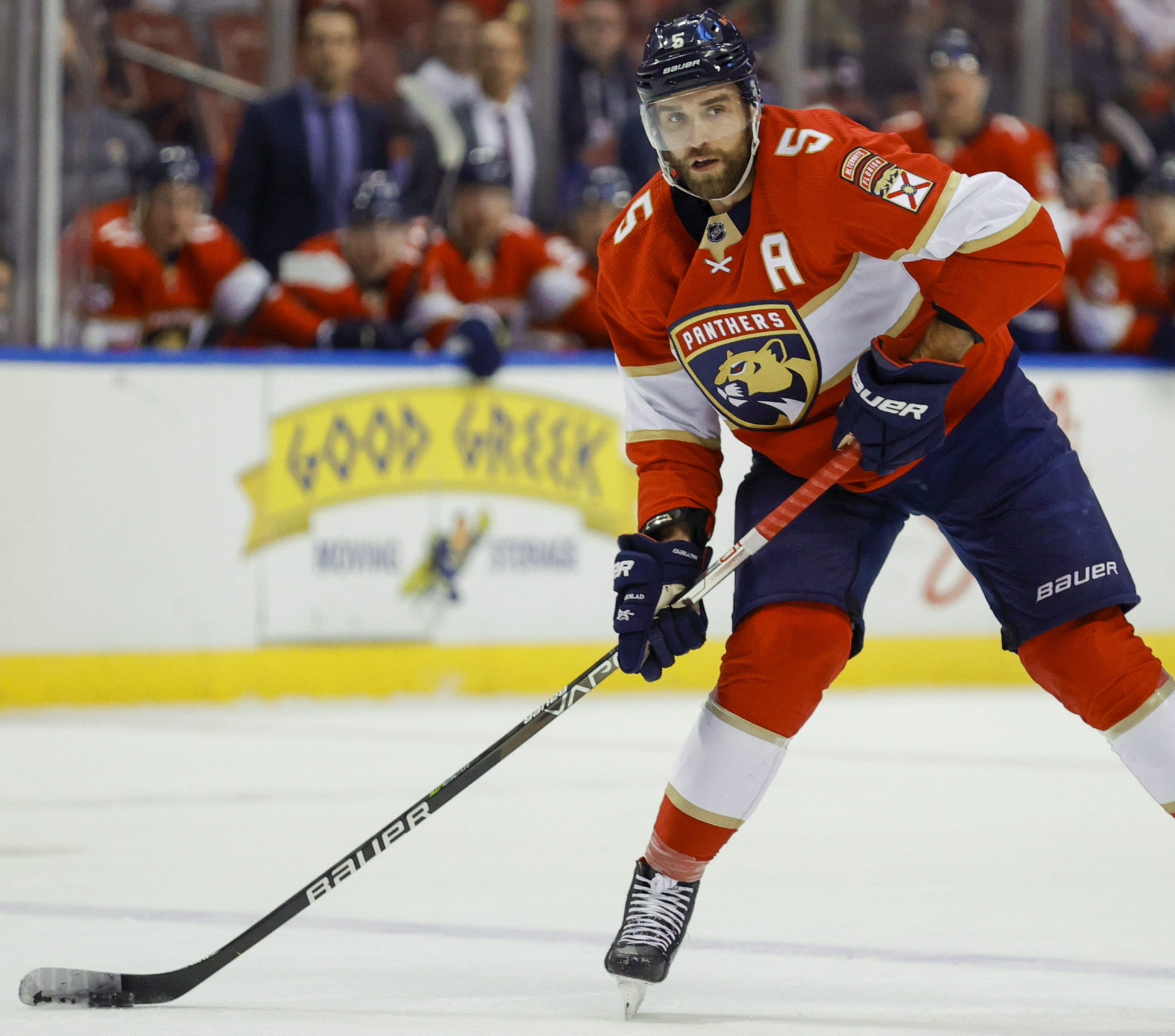 Florida Panthers defenseman Aaron Ekblad skates with the puck against the Tampa Bay Lightning