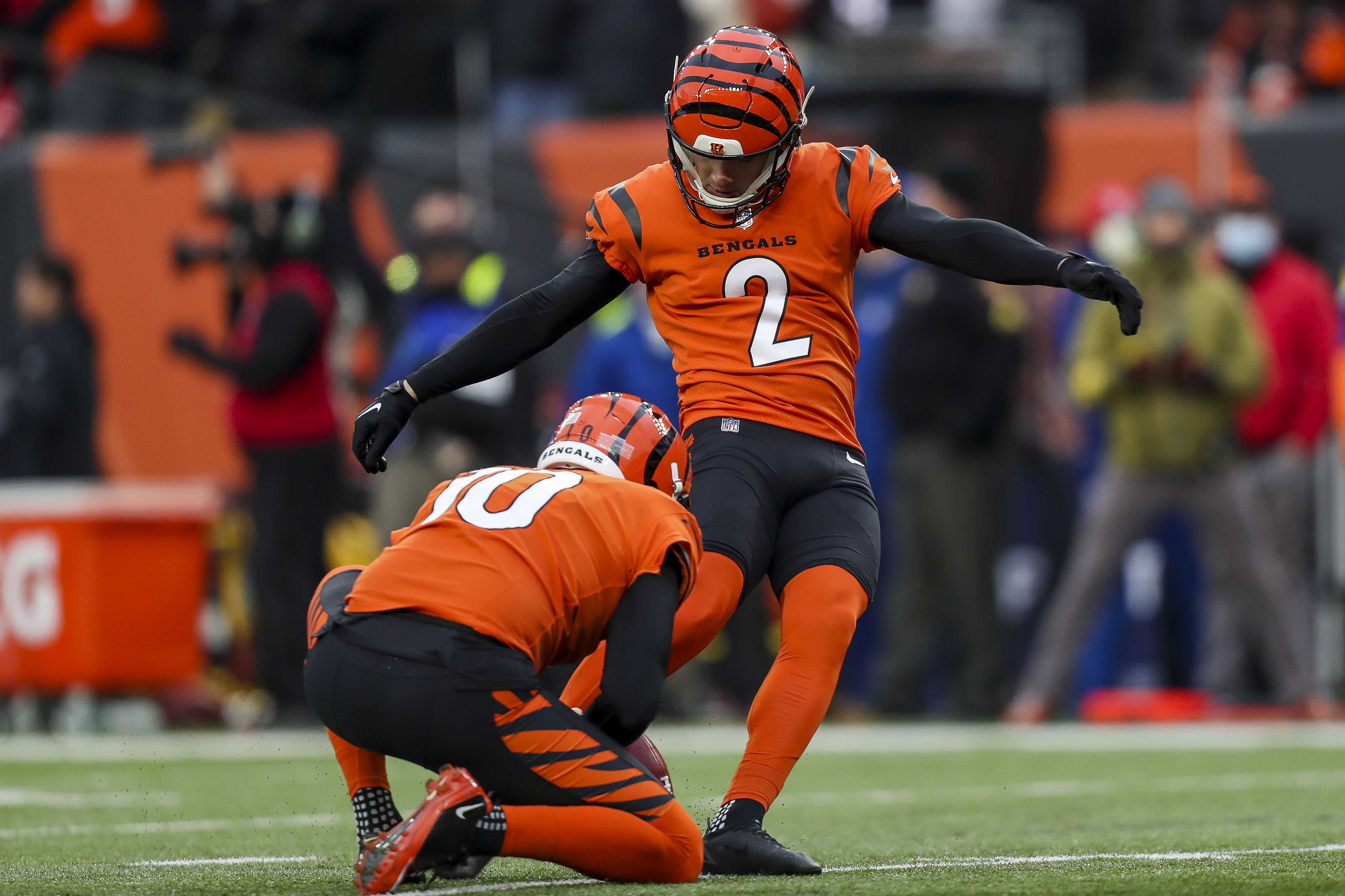 AFC Championship Prop Bets - Cincinnati Bengals kicker Evan McPherson (2) kicks the game winning field goal against the Kansas City Chiefs