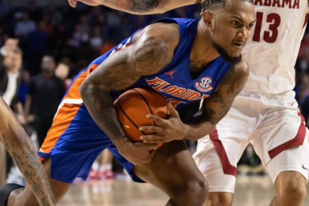 Jan 5, 2022; Gainesville, Florida, USA; Florida Gators guard Brandon McKissic (23) dribbles the ball during the second half against the Alabama Crimson Tide at Billy Donovan Court at Exactech Arena. Mandatory Credit: Matt Pendleton-USA TODAY Sports