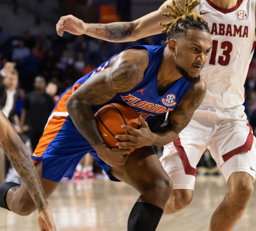 Jan 5, 2022; Gainesville, Florida, USA; Florida Gators guard Brandon McKissic (23) dribbles the ball during the second half against the Alabama Crimson Tide at Billy Donovan Court at Exactech Arena. Mandatory Credit: Matt Pendleton-USA TODAY Sports