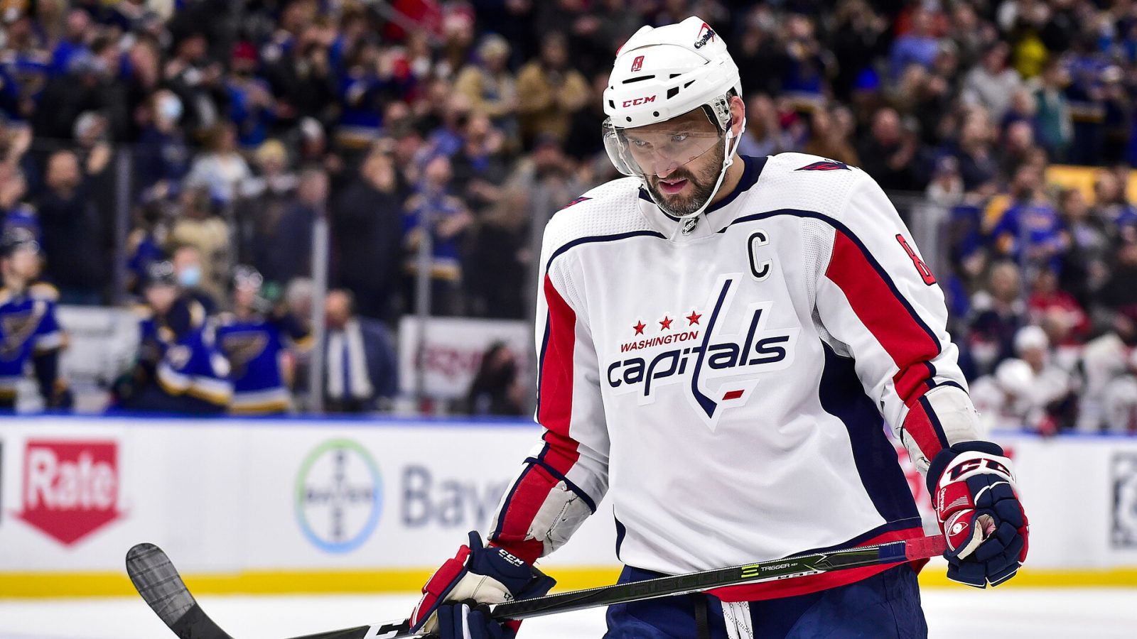 Washington Capitals left wing Alex Ovechkin looks on during a break in a game against the St. Louis Blues
