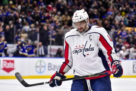 Washington Capitals left wing Alex Ovechkin looks on during a break in a game against the St. Louis Blues