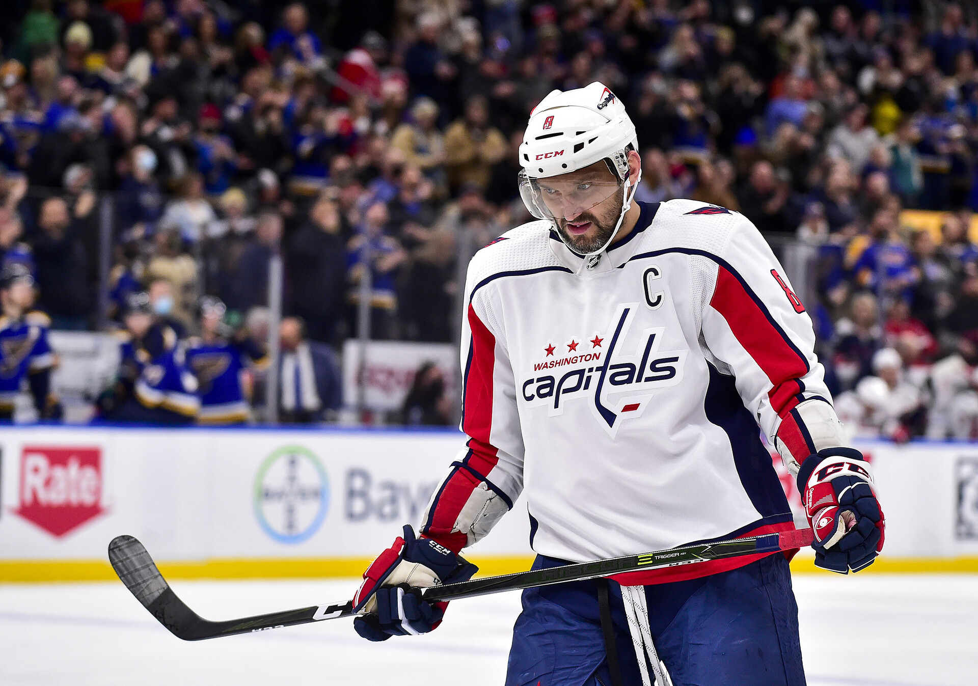 Washington Capitals left wing Alex Ovechkin looks on during a break in a game against the St. Louis Blues