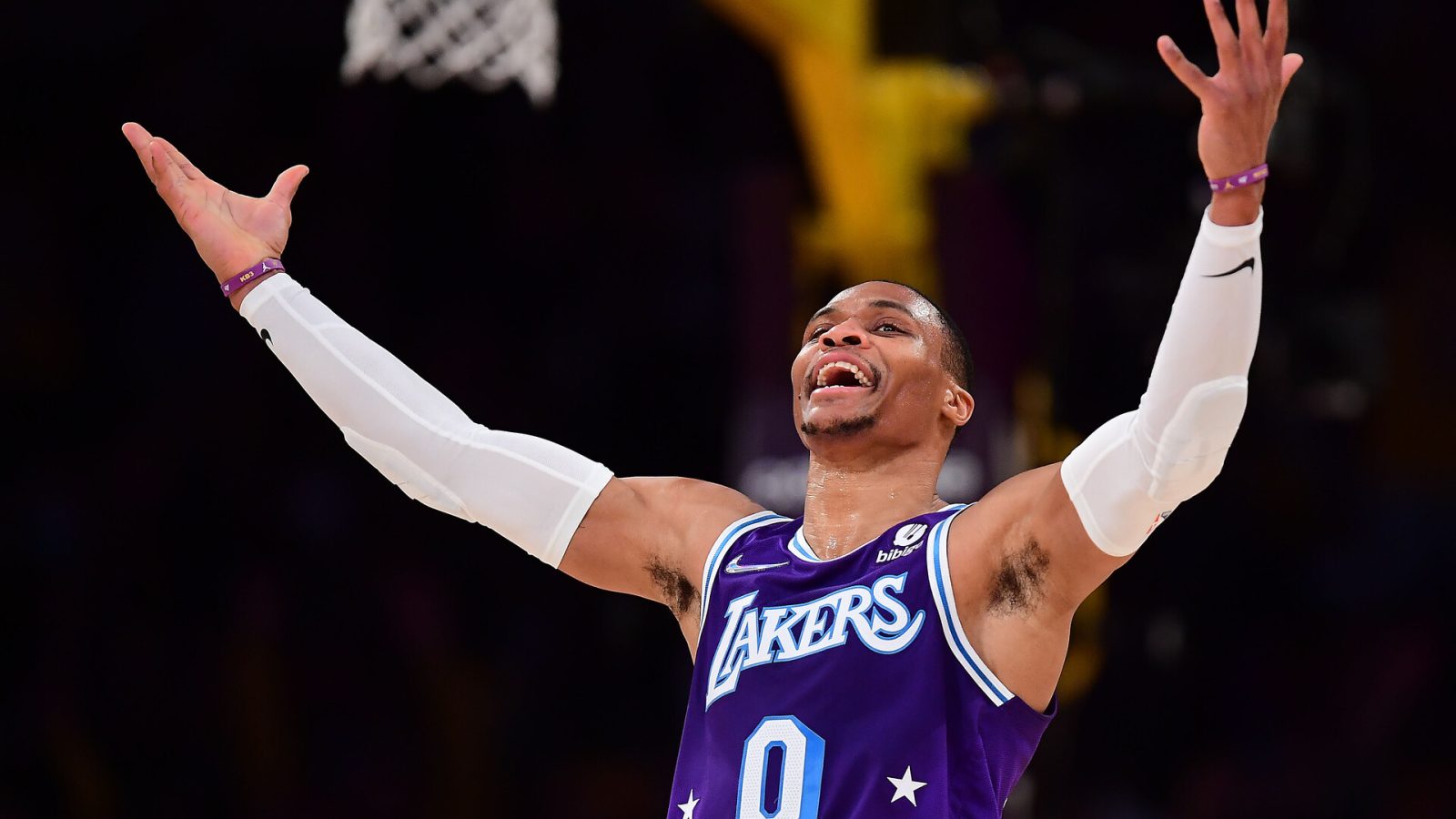 Los Angeles Lakers guard Russell Westbrook reacts after scoring a basket and drawing the foul against the Atlanta Hawks