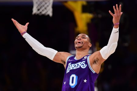 Los Angeles Lakers guard Russell Westbrook reacts after scoring a basket and drawing the foul against the Atlanta Hawks