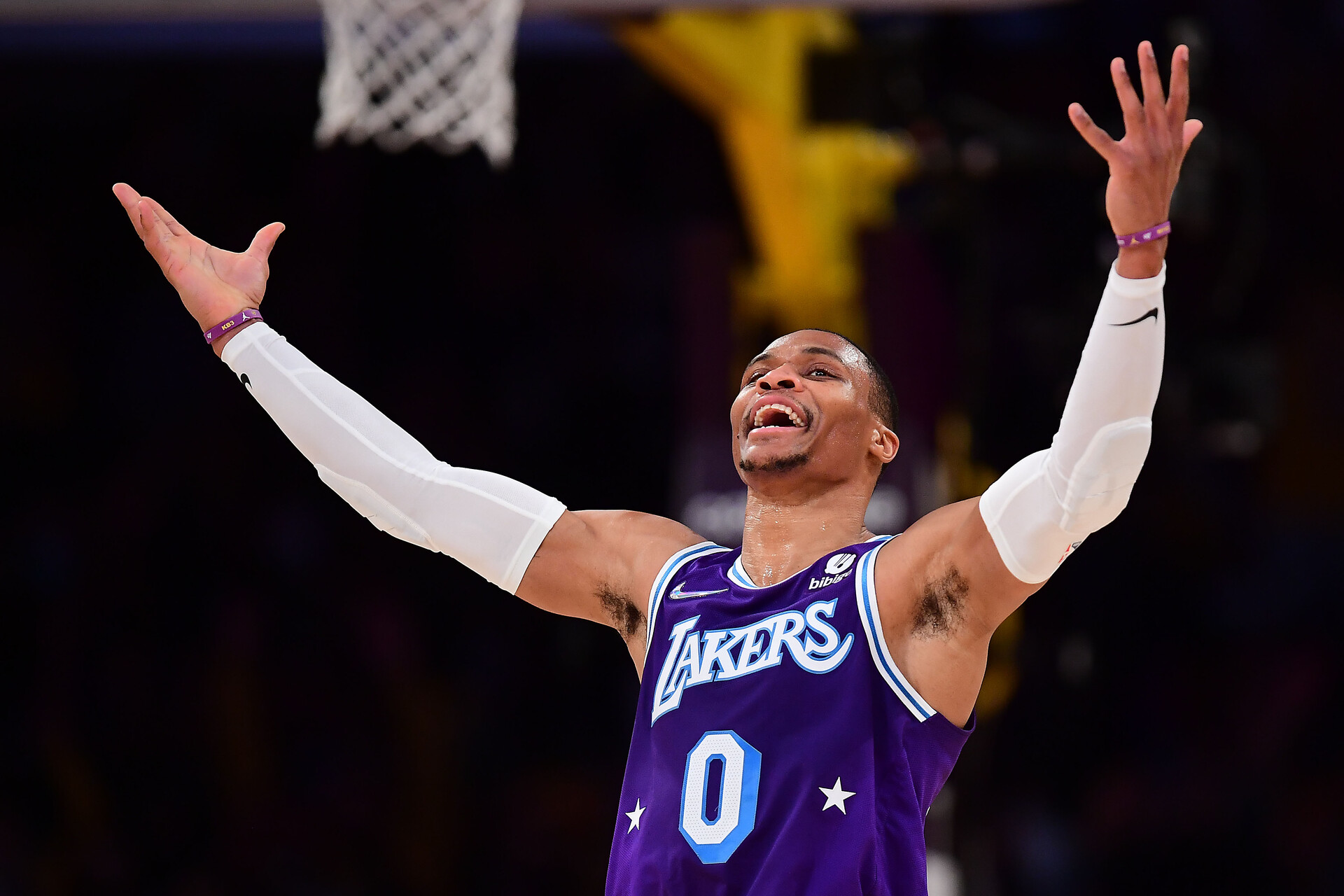 Los Angeles Lakers guard Russell Westbrook reacts after scoring a basket and drawing the foul against the Atlanta Hawks